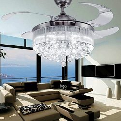 COLORLED Ceiling Flush Mounted Light Kit Crystal Silver Drawing Retractable 42-Inch Ceiling Fan  ...