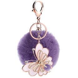 Nurbo Cute Artificial Fur Butterfly Pendent Ball Keychain Handbag Car Key Ring (Light Purple)