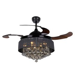 Parrot Uncle Ceiling Fans with Lights 42″ Modern Black Ceiling Fan Retractable Blades Crys ...