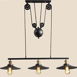 WINSOON Large Size Black Iron Painted Creative Pulley Style 3-Lights Vintage Pendant Lighting fo ...