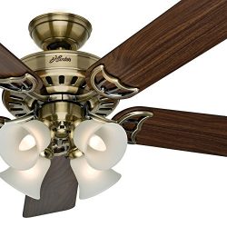 Hunter Fan Antique Brass Ceiling Fan with a Clear Frosted Glass Light Kit, 5 Blade (Certified Re ...
