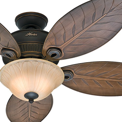 Hunter Fan 54″ Outdoor Ceiling Fan with Toffee Glass Light Kit, 5 Palm Leaf Blades Include ...