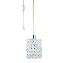 Globe Electric Angelica 1-Light Cylindrical Plug-In Pendant, Chrome Finish, Caged Crystal Shade, ...