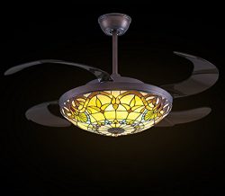 Siljoy Retractable Ceiling Fans with Remote and Dimmable LED Lights Mediterranean Style 42-Inch  ...