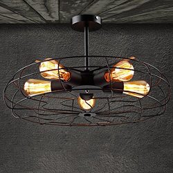 5 Lights Fan Chandelier, Motent Industrial Retro Wrought Iron Cage Semi Flush Mount Barn Ceiling ...