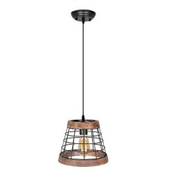 Baiwaiz Small Cage Pendant Light, 1 Light Barrel Metal and Wood Farmhouse Island Lighting Black  ...