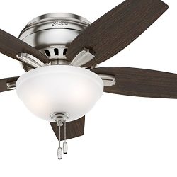 Hunter Fan 42″ Hugger Ceiling Fan in Brushed Nickel with Cased White Glass Light Kit, 5 Bl ...