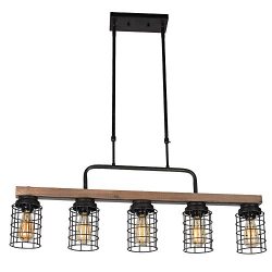 Baiwaiz Wood Linear Chandelier, Metal Cage Pool Table Light 5 Light Edison E26 Max 300W Black Ru ...