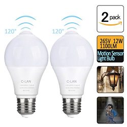 12W Motion Sensor Light Bulb, C-LAN Infrared LED Bulb, E26/E27 Base, Daylight 6000K, 1100LM, Dus ...