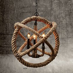 SUN-E Vintage Style 3-lights Hemp Rope Ball Chandelier Retro Country Style Hanging Island Pendan ...