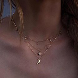 Dolland Multilayer Necklace Moon Stars Pendent Chocker Necklace Fashion Gift Chain for Women Girls