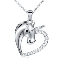 Sterling Silver Forever Love Unicorn in Heart Pendant Necklace for Women Girl, Rolo Chain 18″