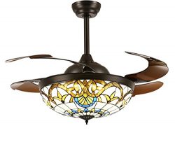 Siljoy Tiffany Style Ceiling Fans with Lights and Retractable Blades Dark Brown Invisible Fan Ch ...