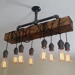 Jiuzhuo Industrial Rustic Wood Beam Linear Island Pendant Light 8-Light Chandelier Lighting Hang ...