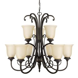 Globe Electric 65572 Beverly 9-Light Chandelier, Dark Bronze Color, Satin Finish, Amber Glass Shades