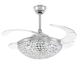 7PM Ceiling Fans with Lights 42 Inch Modern Chrome Ceiling Fan Retractable Blades Crystal LED Ch ...