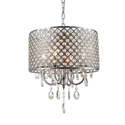 mirrea Crystal Chandelier Pendant Light, 4 Lights, with Crystal Beaded Drum Shade Chromed Finish