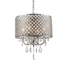 mirrea Crystal Chandelier Pendant Light, 4 Lights, with Crystal Beaded Drum Shade Chromed Finish