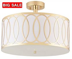 Delica Home 15.75” 2 Light Semi Flush Mount Ceiling Light, Off Gold and White Shade With F ...