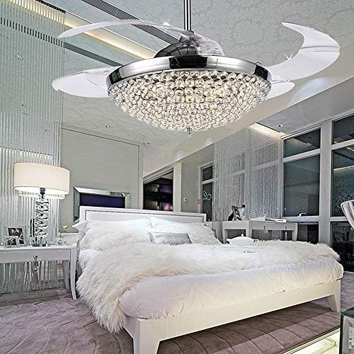 COLORLED Crystal LED Ceiling Fans Light-42 Inch Transparent 4 Blades Mordern Fan Chandelier-for ...