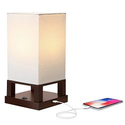 Brightech Maxwell LED USB Side Table & Desk Lamp – Modern Asian Style Lamp with Wood Frame & ...