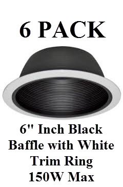 6” INCH RECESSED LIGHTING BLACK BAFFLE WITH WHITE TRIM RING REPLACES HALO JUNO CAPRI – 150 ...