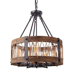 Anmytek Round Wooden Chandelier with Clear Glass Shade Rope and Metal Pendant Five Lights Decora ...