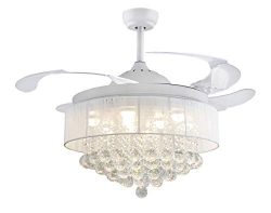 42″ Crystal Round Drum Fabric shape Ceiling Fans 32W LED 4 Acrylic Invisible Retractable B ...