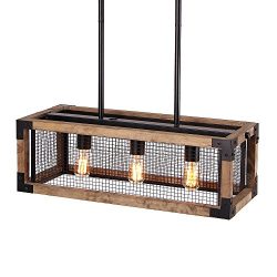 Anmytek Square Metal and Wood Chandelier Basked Pendant Three Lights Oil Black Finishing Iron Ne ...