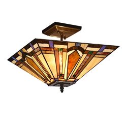 Docheer Tiffany-Style Mission 2-Light Semi Flush Mount Ceiling Lamp Fixture Light with 14-Inch S ...