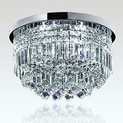 Sefinn Four K9 Crystal Flush Mounted Round Ceiling Chandelier, 11″ Height and 20″ Di ...