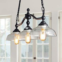 Log Barn 3 Lights Island Hanging Lighting for Kitchen Island in Rusty Black Metal Finish with Cl ...