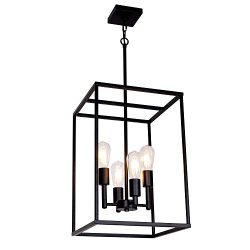 VINLUZ 4 Light Industrial Metal Farmhouse Pendant Light Black Square Wide Cage Chandelier with P ...