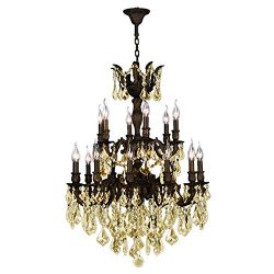 Worldwide Lighting Versailles Collection 18 Light Flemish Brass Finish and Golden Teak Crystal C ...