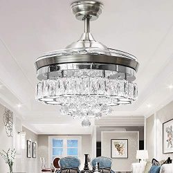 Huston Fan Modern Crystal Chandelier Fan with 4 Retractable Blade for Indoor Dining Bedroom Rest ...