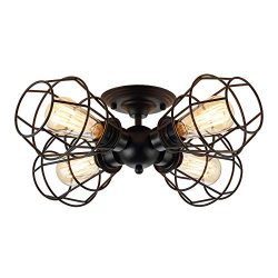 KOONTING 4-Light Industrial Semi-Flush Mount Ceiling Light, Metal Cage Pendant Lighting Lamp Fix ...