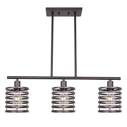 VINLUZ 3 Lights Linear Chandeliers Oil Rubbed Bronze Modern Table Cage Light Rustic Kitchen Isla ...