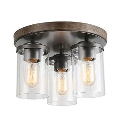 LALUZ 3 Lights Vintage Flush Mount Ceiling Light in Faux Wood and Rusty Metal Finish with Cylind ...