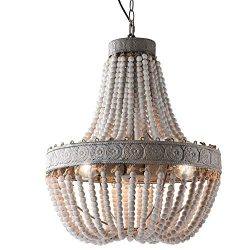 Newrays Wood Beaded Chandelier Pendant Three Lights Gray White Finishing Retro Vintage Antique R ...