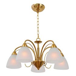 VINLUZ Contemporary Chandeliers 5 Light with Glass Shade Brushed Brass Pendant Lighting Mid Cent ...