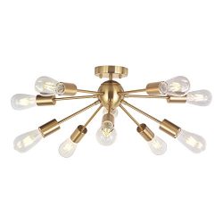 Modern Sputnik Chandelier Lighting 10 Lights Brushed Brass Semi Flush Mount Ceiling Light Gold M ...