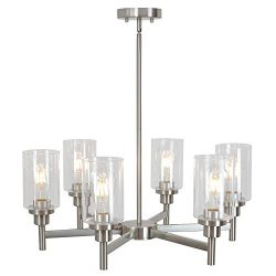 VINLUZ 6 Light Contemporary Chandelier Brushed Nickel Modern Pendant Lighting Cylinder Clear Gla ...