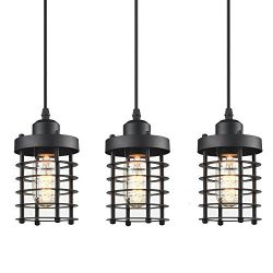 WINSOON 3 Pack Pendant Light Fixture Mini Rustic Metal Cage Hanging Lighting (Black, 3Pack)