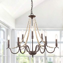 LALUZ White French Country Chandeliers for Living Room, 9-Light Wood Beads Kitchen Island Lighti ...