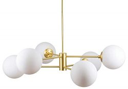 IJ INJUICY 6-Lights Glass Chandelier Pendant, Satin Brass with White Frosted Globes, Branch Mole ...