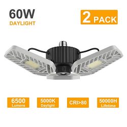 LZHOME 2-Pack LED Garage Lights, 6500Lumens Adjustable Trilights Garage Ceiling Light,60W LED Ga ...