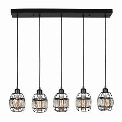 Baiwaiz Modern Crystal Cage Linear Chandelier Lighting, Metal and Wood Black Kitchen Island Ligh ...