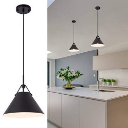 Modern Pendent Light Fixture with Leather and Iron Finish, 1-Light Hanging Light for Kitchen Isl ...