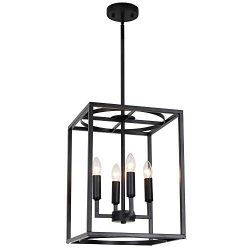 BONLICHT Vintage Industrial Metal Farmhouse Foyer Chandelier 4 Lights Black Square Wide Cage Lig ...