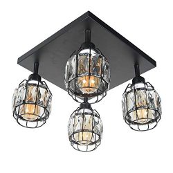 Baiwaiz Modern Industrial Crystal Ceiling Light, Black Metal Wire Cage Semi Flush Mount Lighting ...